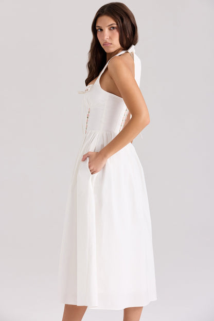 white cotton halter neck midi dress