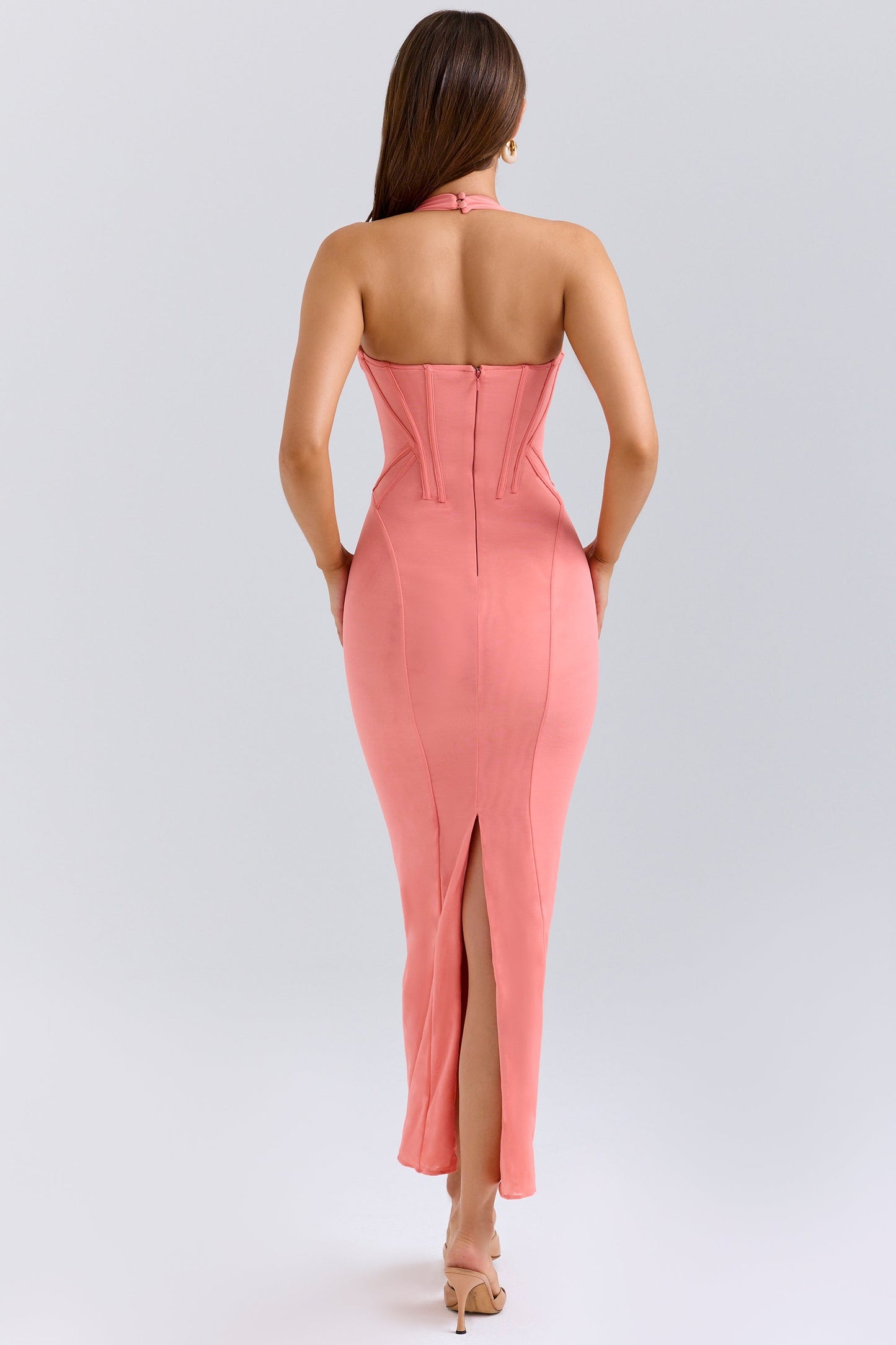 coral stretch mesh halter neck midi dress