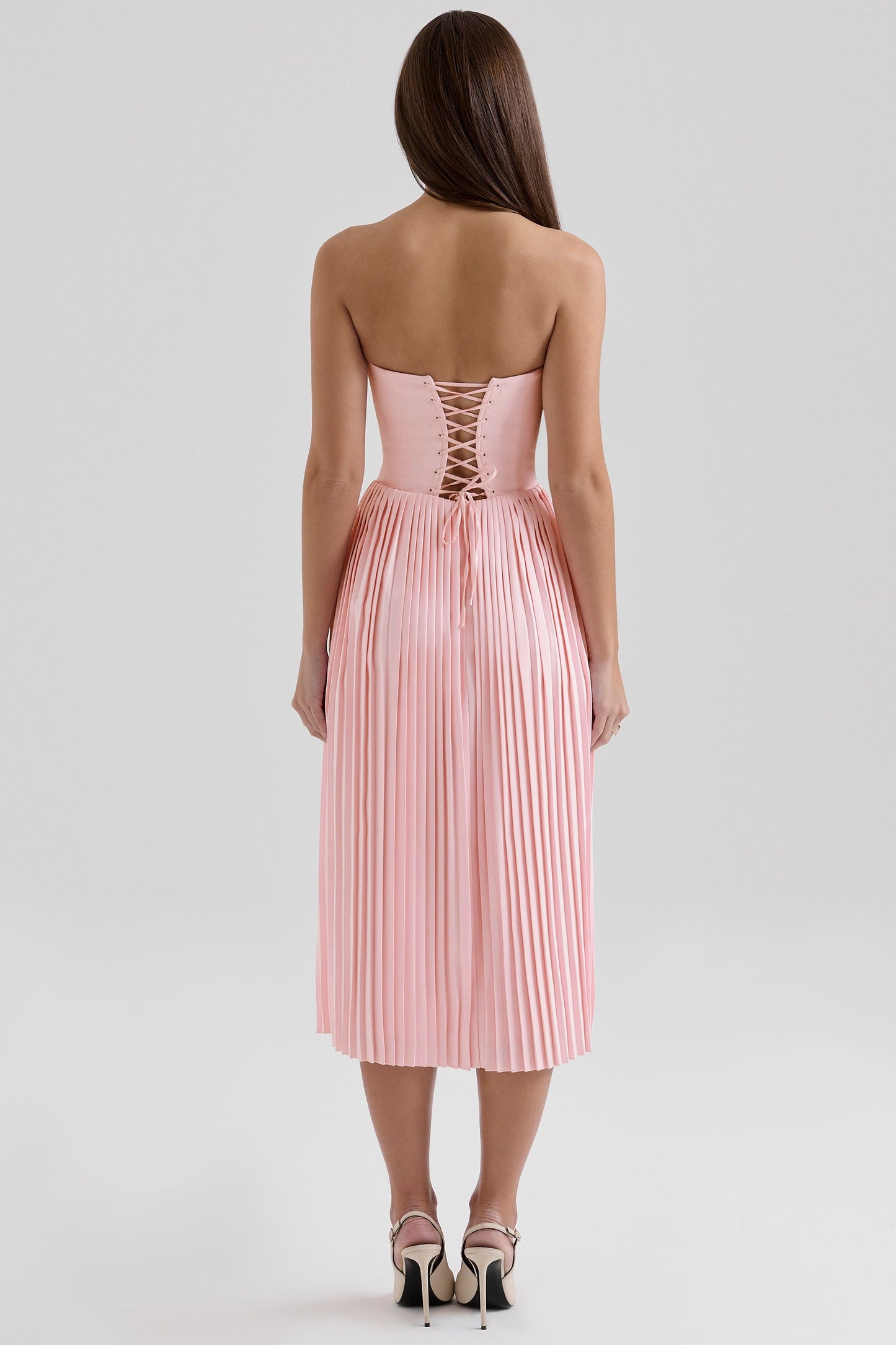 pink pleated midi corset dress