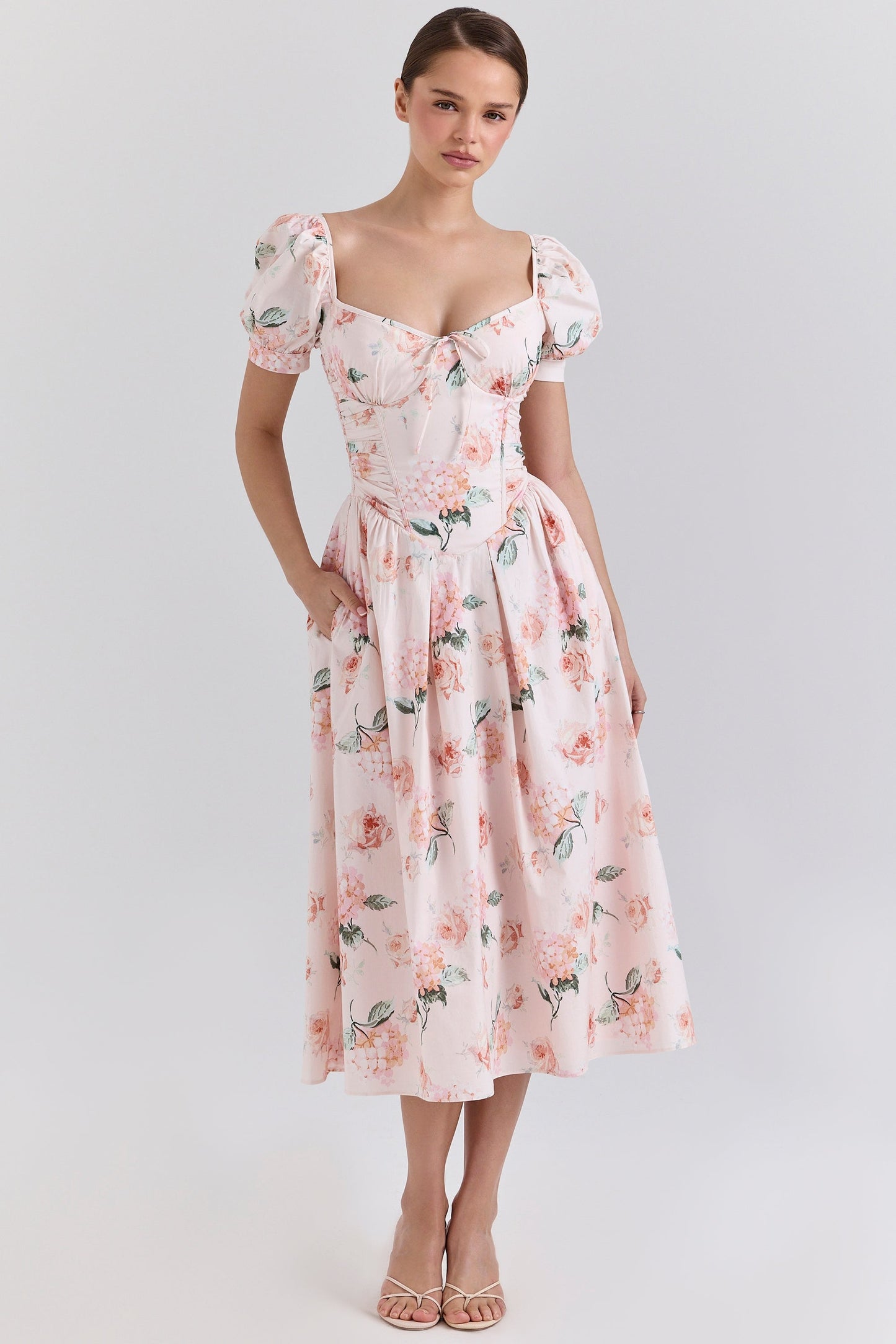peach floral cotton puff sleeve midi dress