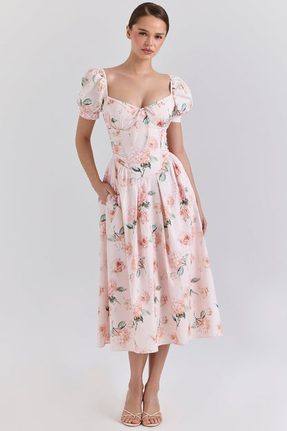 peach floral cotton puff sleeve midi dress