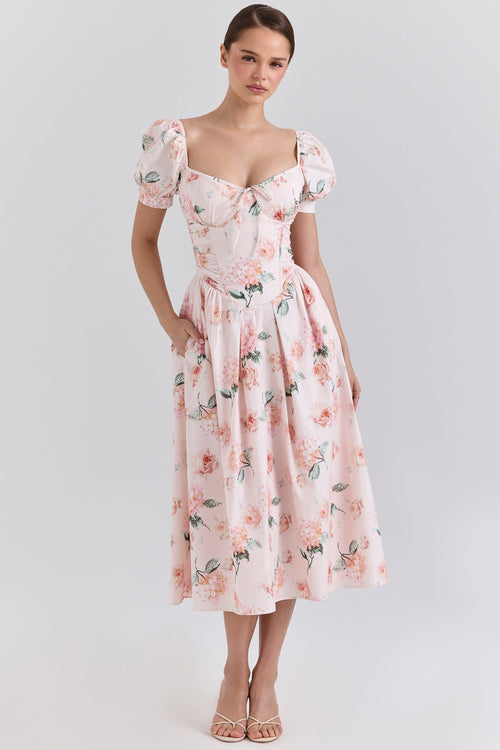 peach floral cotton puff sleeve midi dress