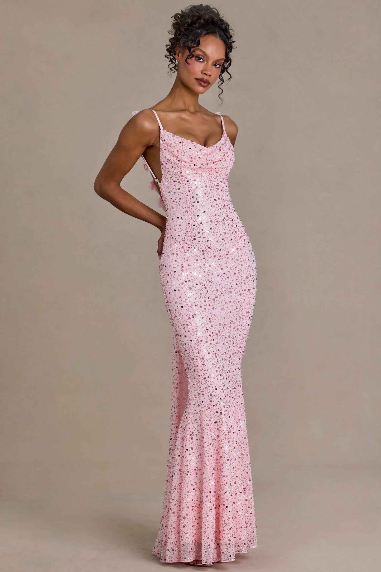 Embellished Open-Back Maxi Dress in Baby Pink