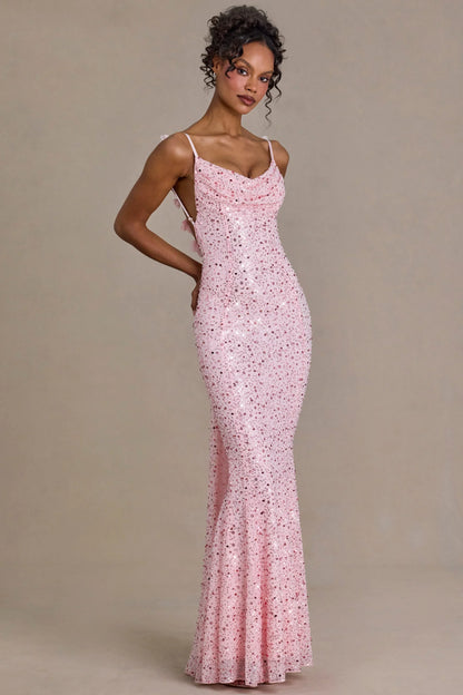 Embellished Open-Back Maxi Dress in Baby Pink