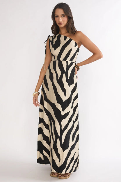 Tavina One-Shoulder Maxi Dress Zebra Black