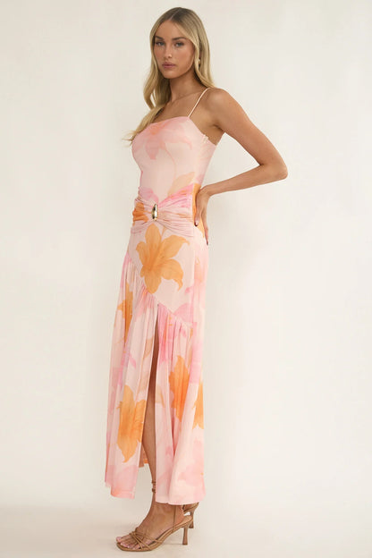Azure Sun Drop Waist Split Maxi Dress Print Orange