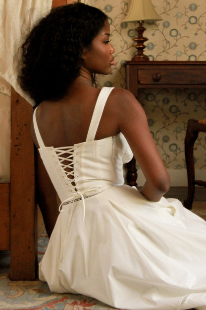 white cotton button front midi dress