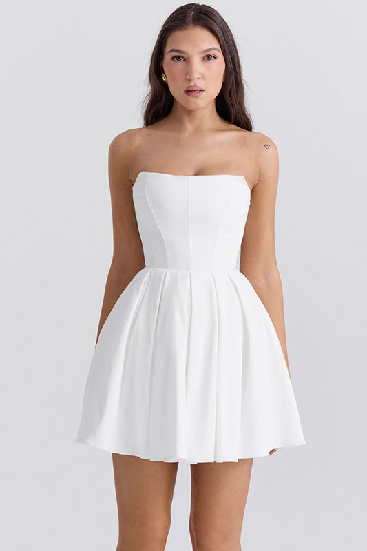 white strapless pleated mini dress