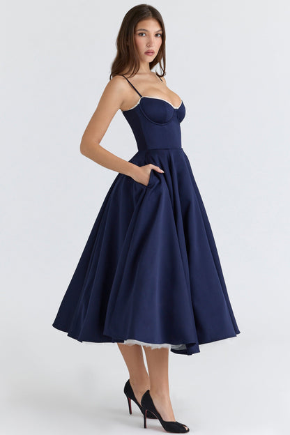 navy satin tulle midi dress