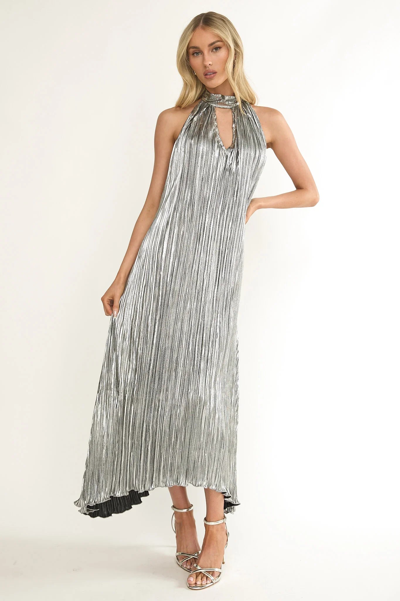Aurea Halterneck Crepe Maxi Dress Silver