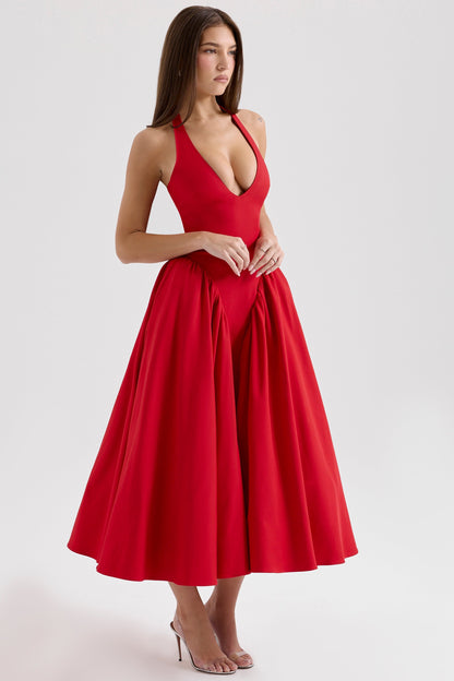 red twill halter midi dress