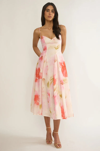 Get My Attention Pleat Waist Midi Dress Floral Pink