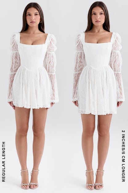 white lace puff sleeve mini dress