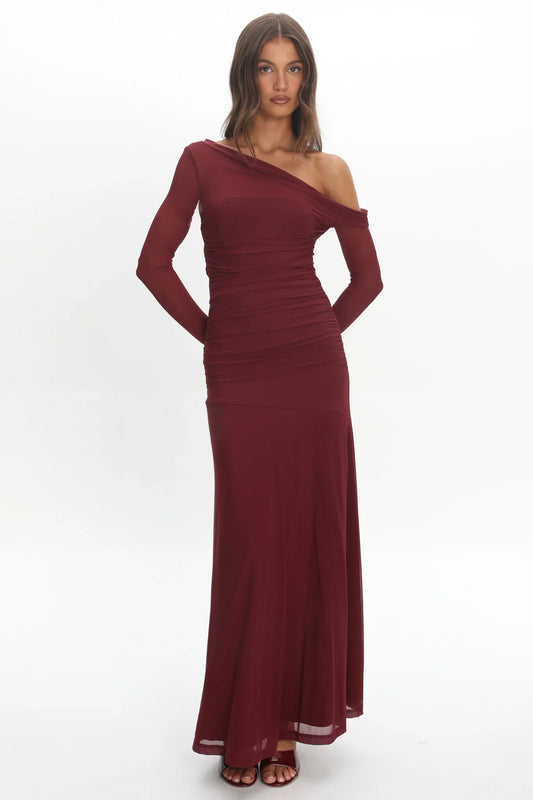 Lylah Asymmetric Neckline Long Sleeve Maxi Dress Mesh Chocolate