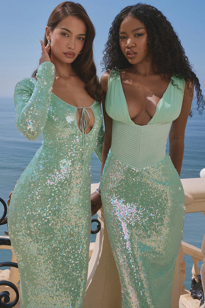 seafoam sequin maxi gown