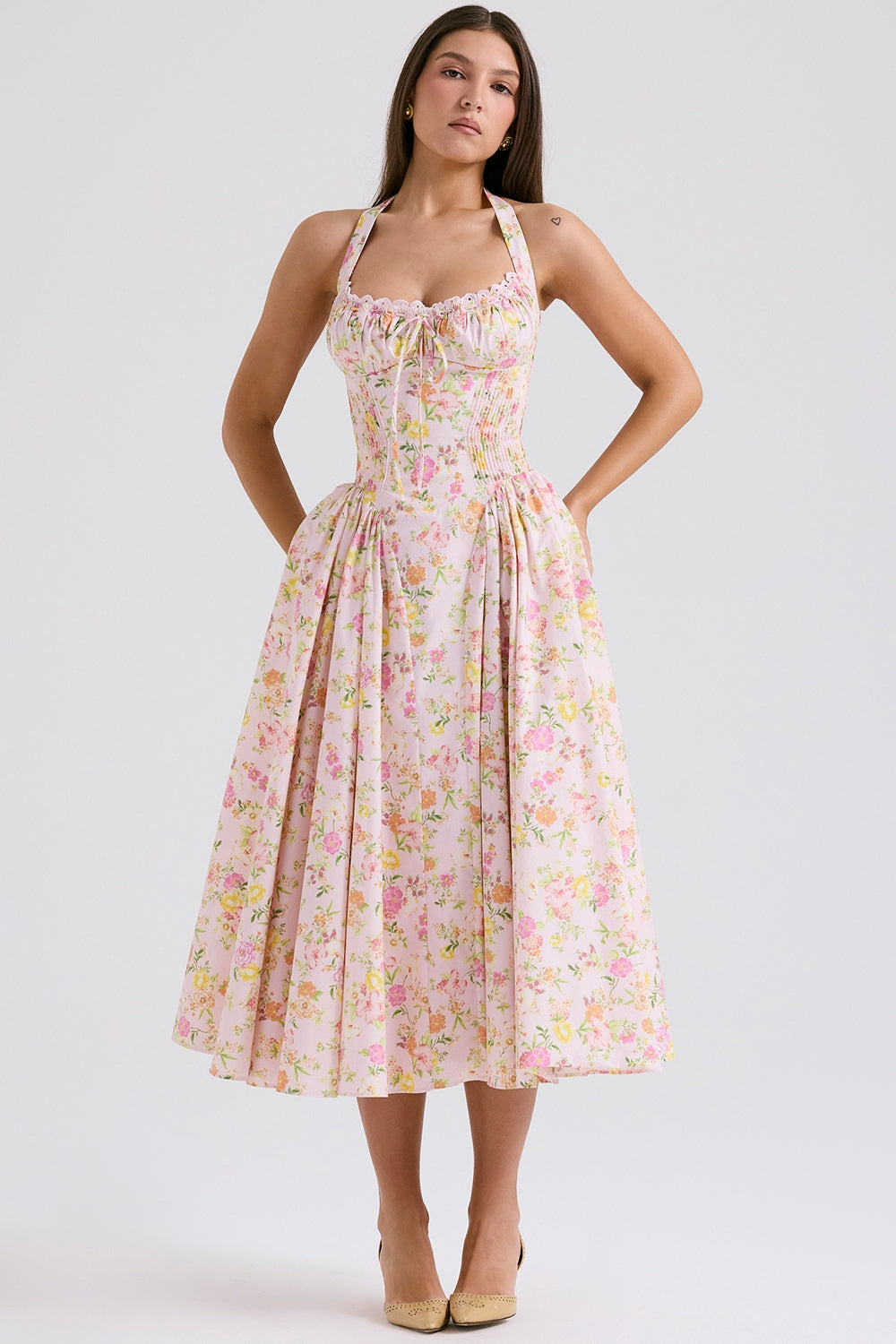pink meadow print cotton halter midi sundress