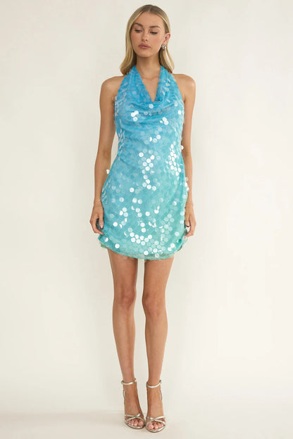 Misky Cowl Neck Sequin Mini Dress Blue Multi