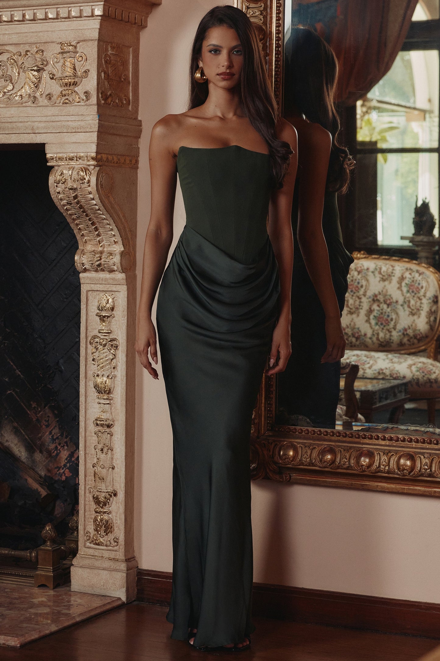 emerald green crepe strapless corset maxi dress