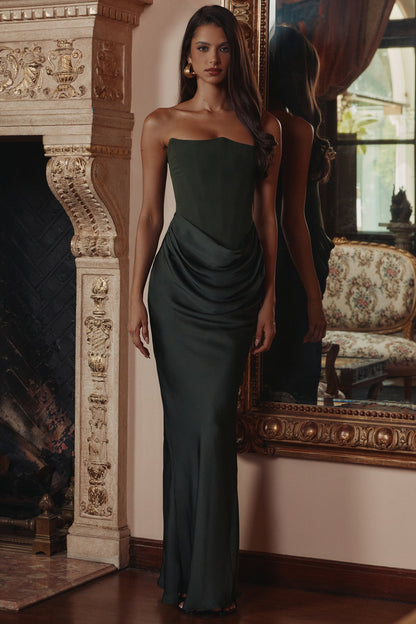emerald green crepe strapless corset maxi dress