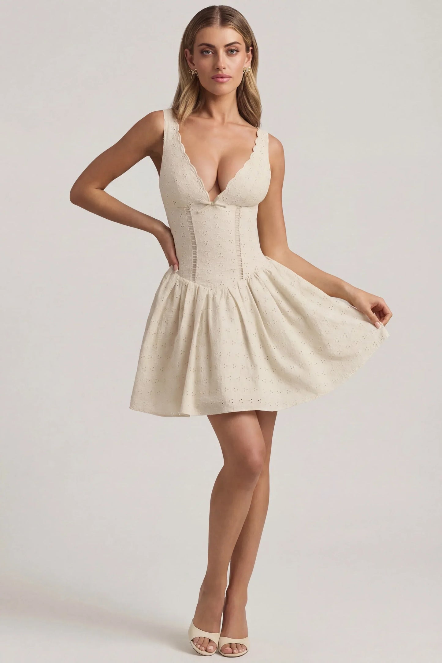 Broderie Anglaise Bow-Detail A-Line Mini Dress in Ivory