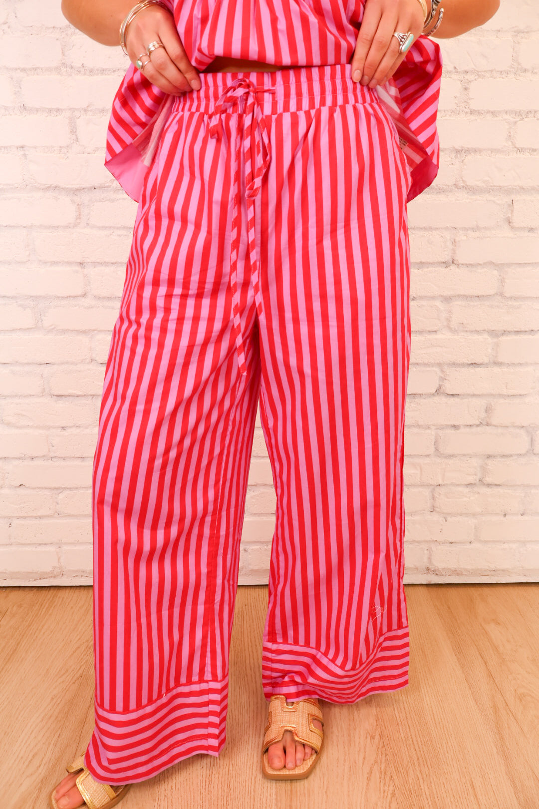 Striped Tie Shoulder Top + Pant Set - Red/Pink