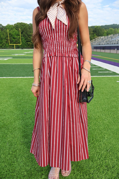 Maroon and White Striped Smocked Midi Dress