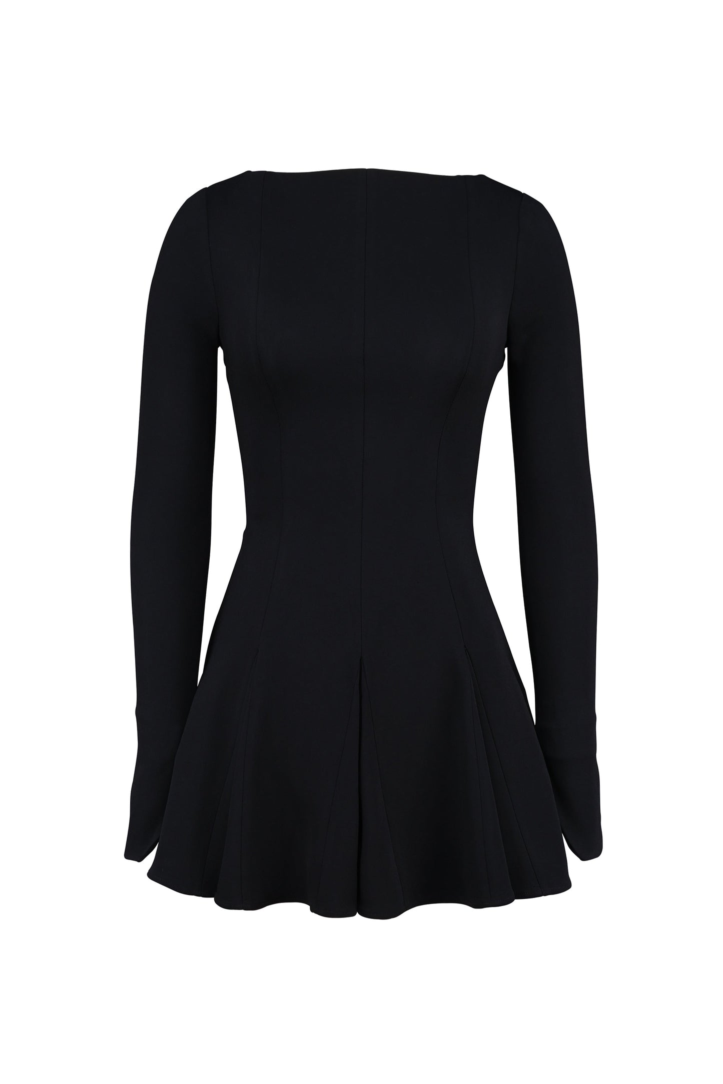 black stretch crepe godet mini dress