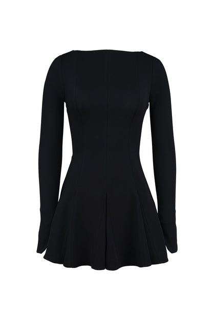 black stretch crepe godet mini dress
