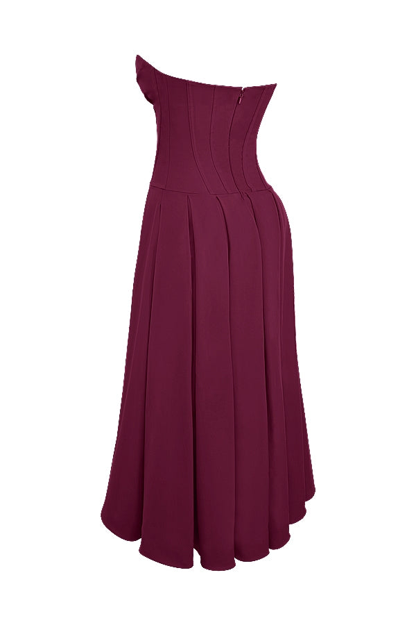 wine strapless midi dress