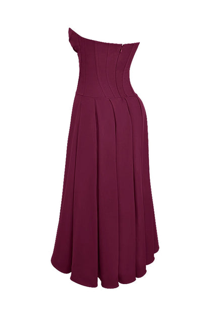 wine strapless midi dress