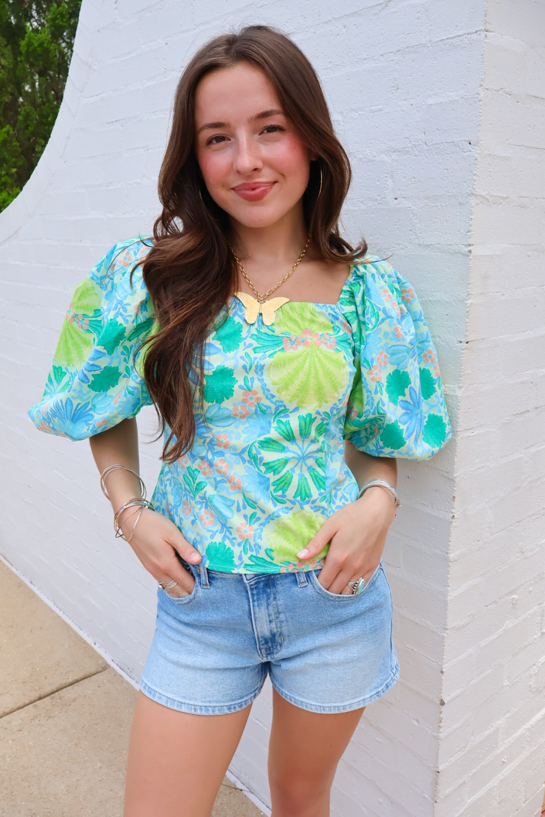 Green and Blue Floral Puff Sleeve Top