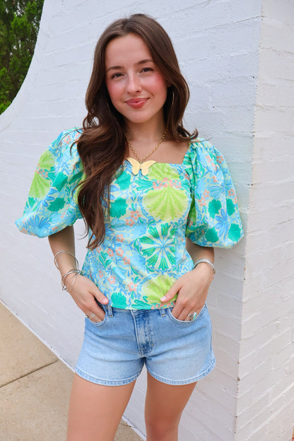 Green and Blue Floral Puff Sleeve Top
