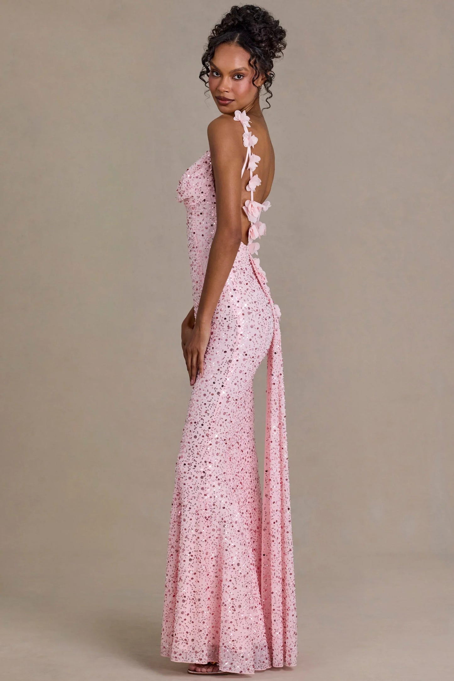 Embellished Open-Back Maxi Dress in Baby Pink