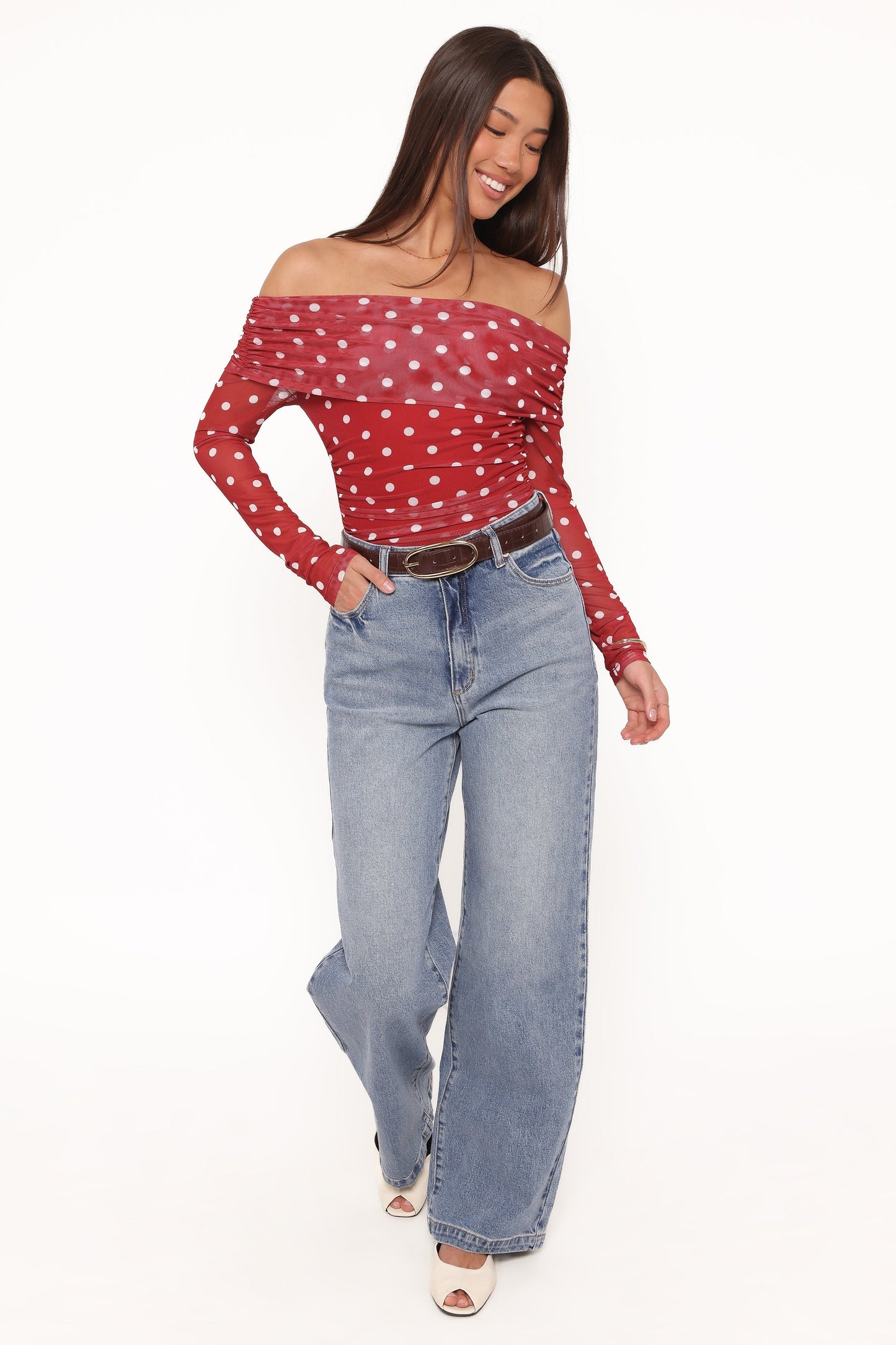 Caelira Off Shoulder Top - Red Polka Dot