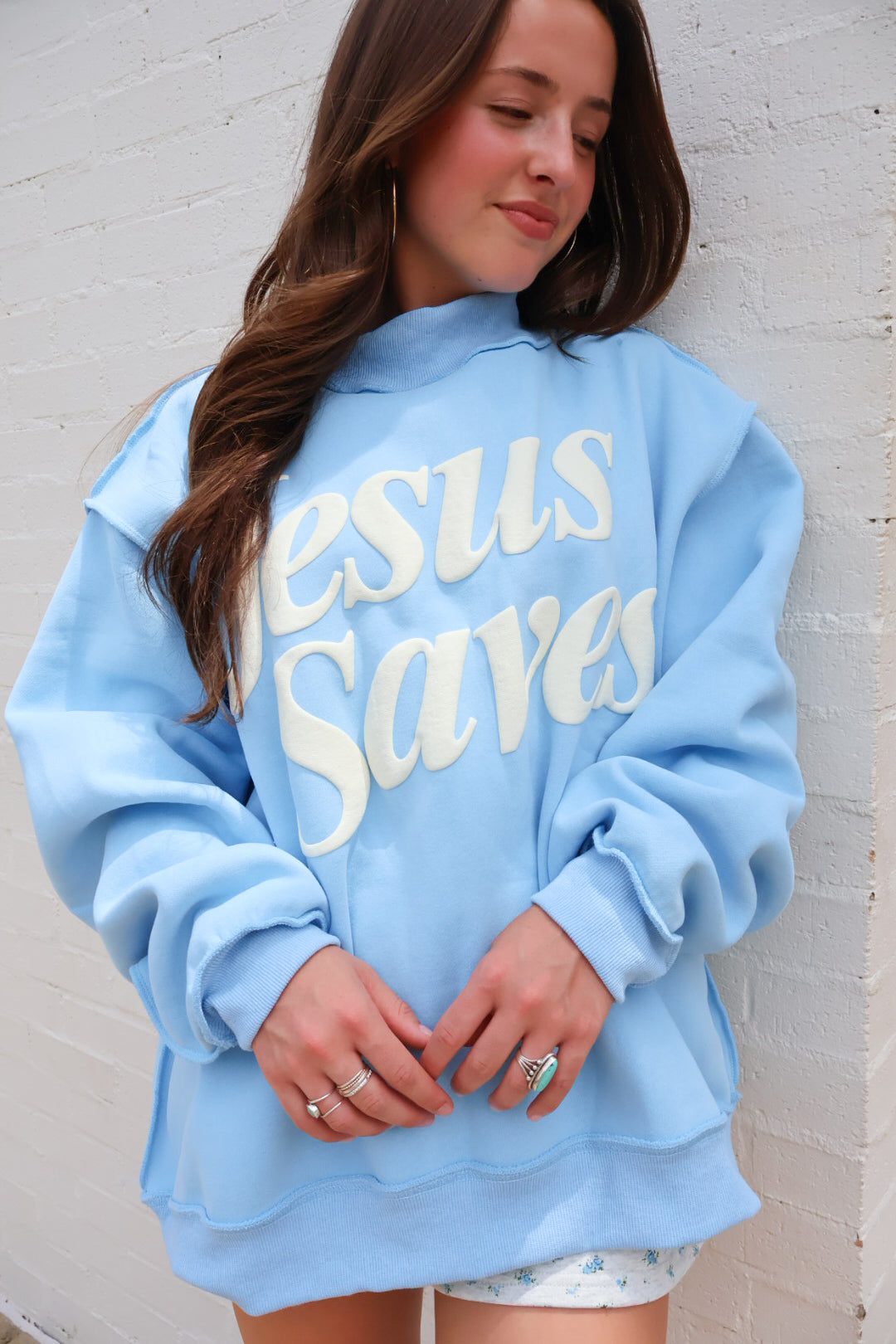 Jesus Saves Mockneck Pullover - Blue