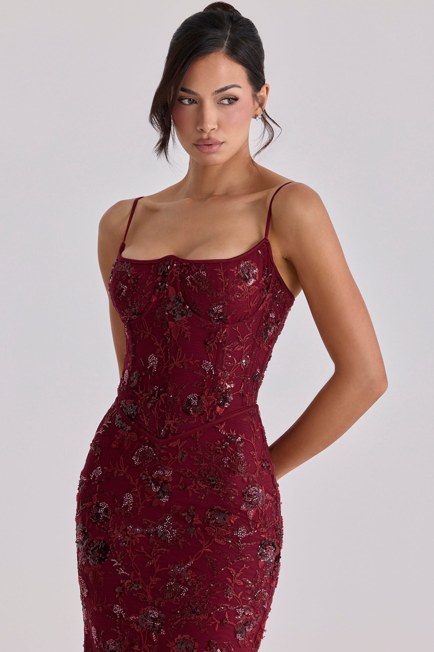 wine hand beaded embellished corset maxi dress - limited edition