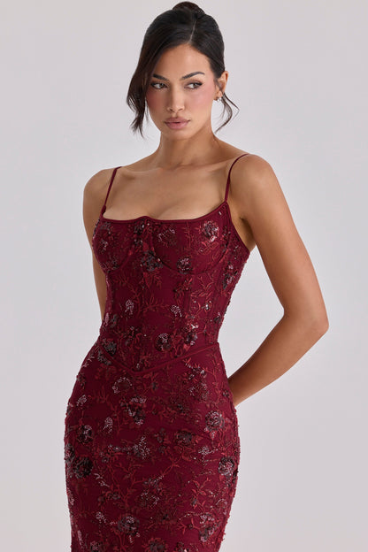 wine hand beaded embellished corset maxi dress - limited edition