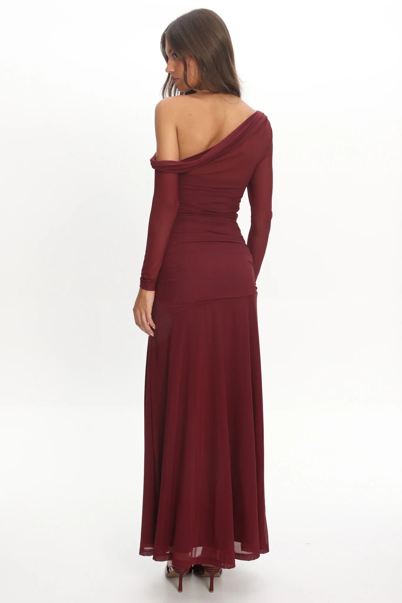Lylah Asymmetric Neckline Long Sleeve Maxi Dress Mesh Chocolate