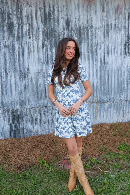 Blue Floral Button Front Mini Dress