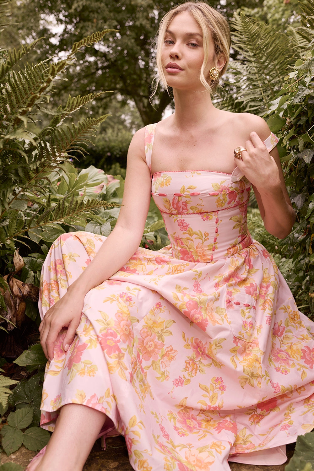 peach poppy print cotton midi sundress