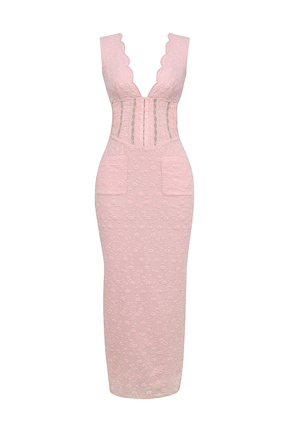 perfectly pink broderie anglais plunge maxi dress