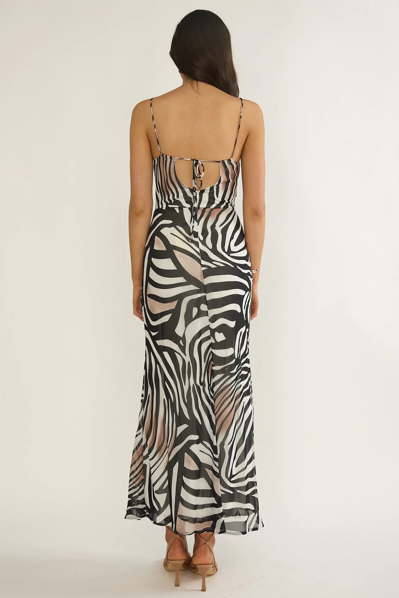 Floating Tied Low Back Maxi Dress Print Black/White