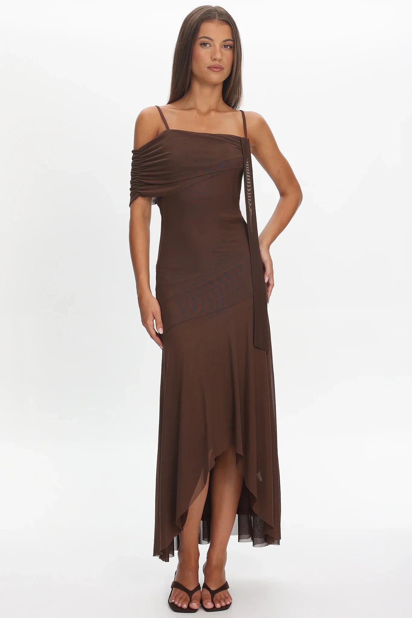 Millitah Asymmetric Hem Mesh Maxi Dress Chocolate
