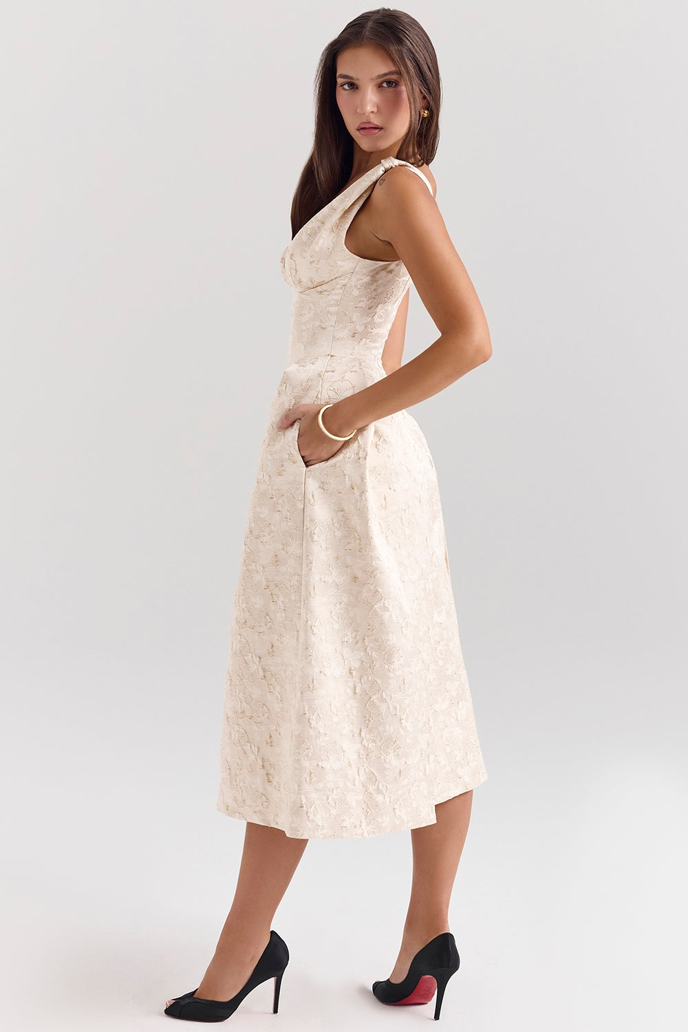 ivory metallic jacquard midi dress - sale