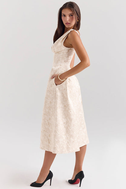 ivory metallic jacquard midi dress - sale
