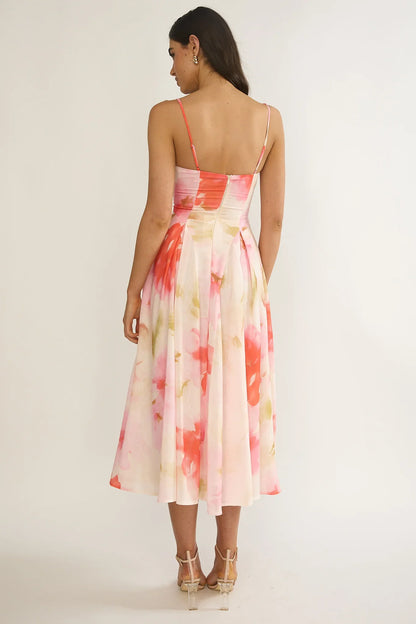 Get My Attention Pleat Waist Midi Dress Floral Pink