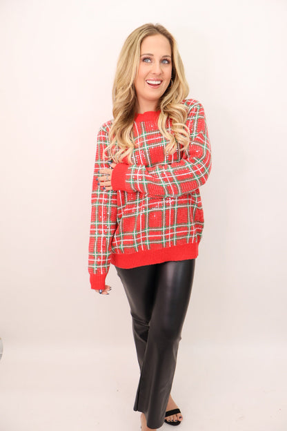 Red and Green Sequin Plaid Sweater