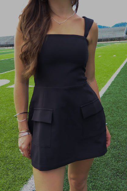 Black Romper Dress with Front Pockets