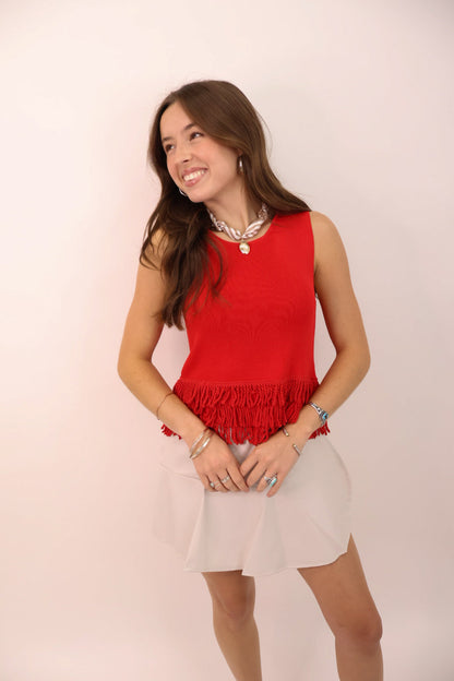 Fringe Hem Sweater Tank - Red