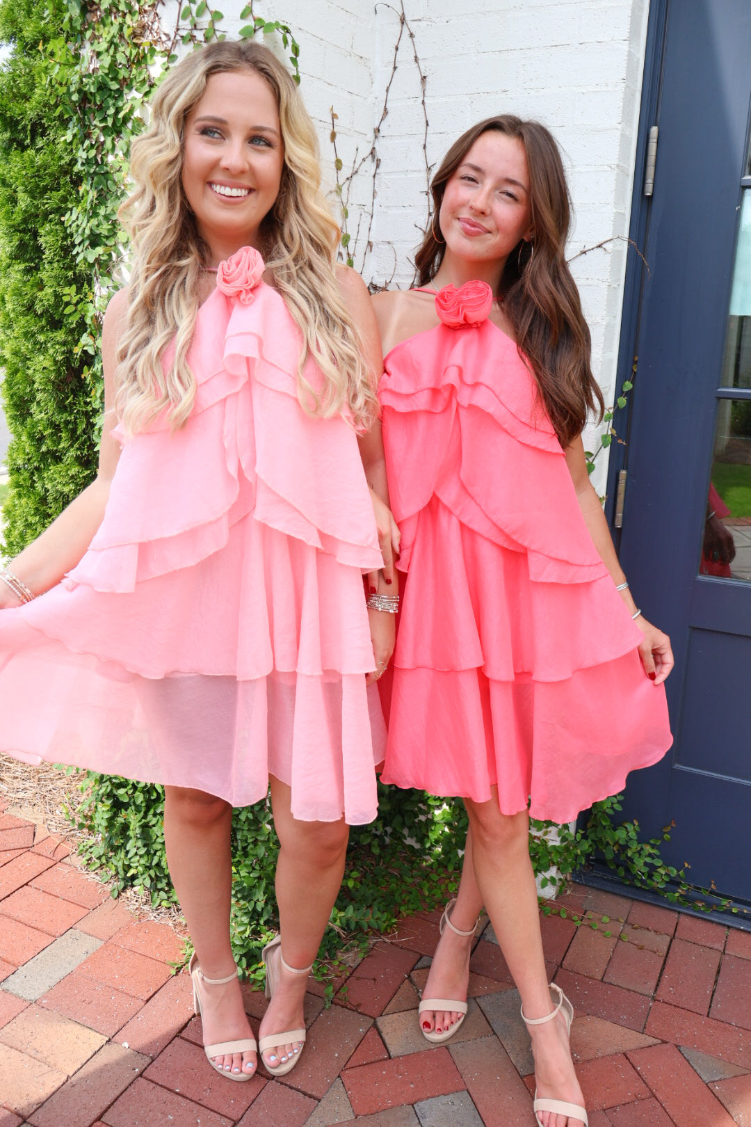 Tiered Rose Bud Halter Dress - Coral